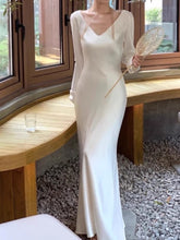 BXOXO party look inspos Autumn Satin Mermaid Long Dresses for Women Wedding Evening Party Dress Prom Robe Solid V-neck Long Sleeves One Piece Vestidos